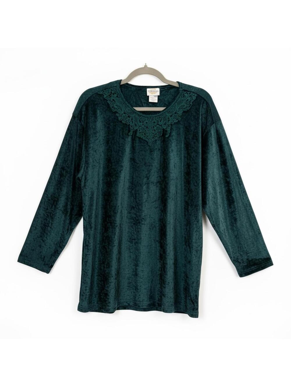 Vintage 90s Bentley Emerald Green Crushed Velvet Lace Top – Women’s Large